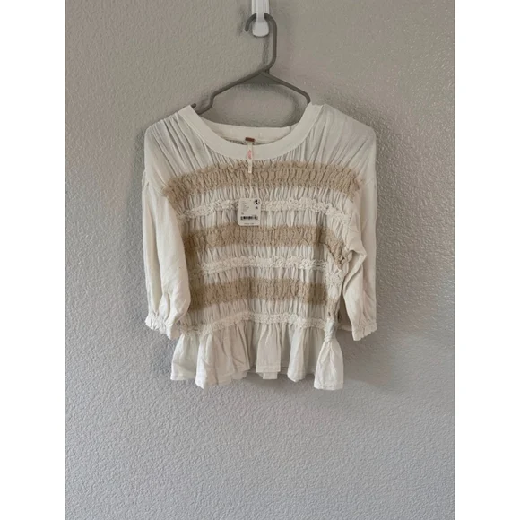 Free People Maxey Knit Smocked Peplum Top Cream Puff Sleeve Size XL Cottagecore - Picture 3 of 7